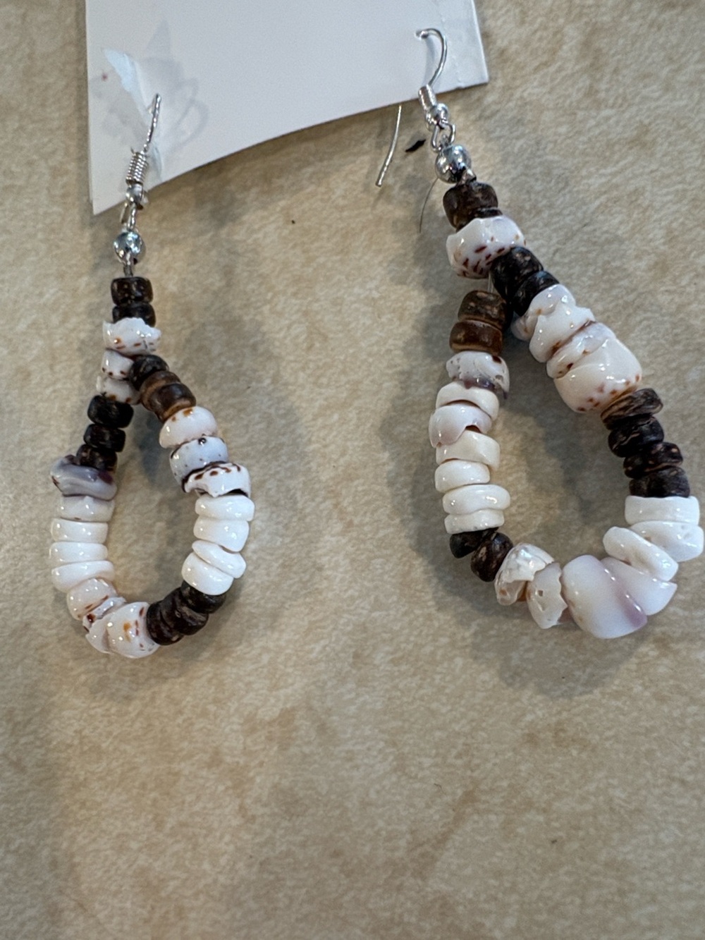White and Brown Seashell Heishi Dangle Teardrop Earrings - Handmade Style